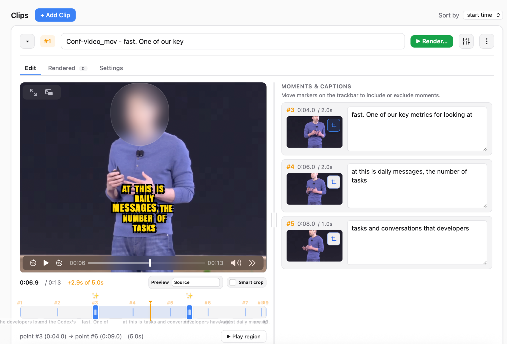 AICW Video editing a conference talk: speaker's face is blurred for privacy, captions are styled, and the moments-and-captions panel lists clip suggestions
