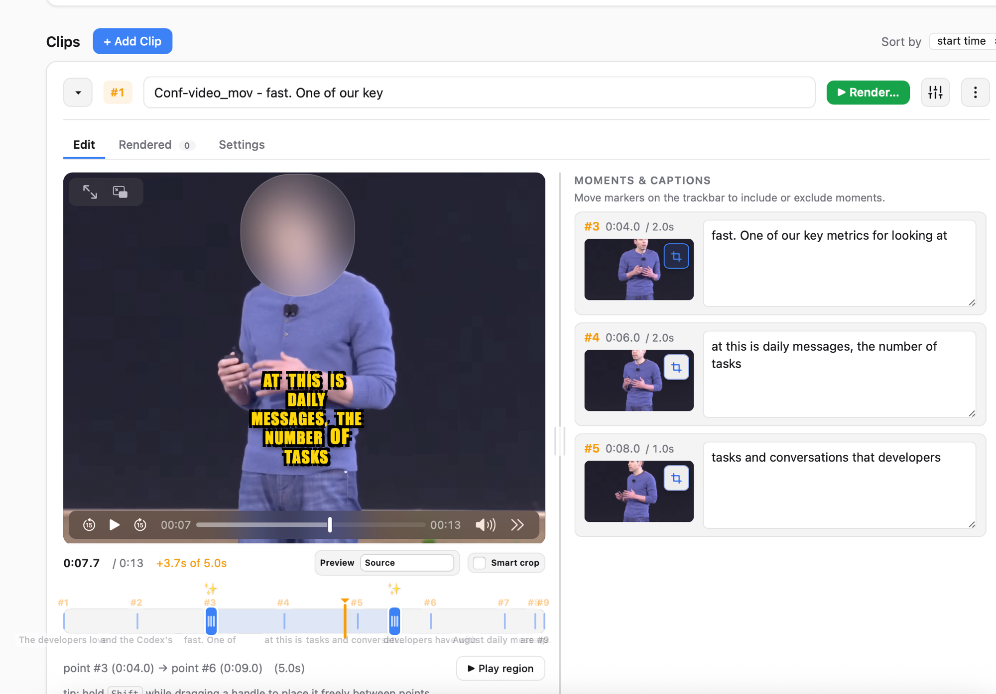 AICW Video editing the same conference talk with the speaker's face replaced by a circular emoji placeholder while captions remain accurate