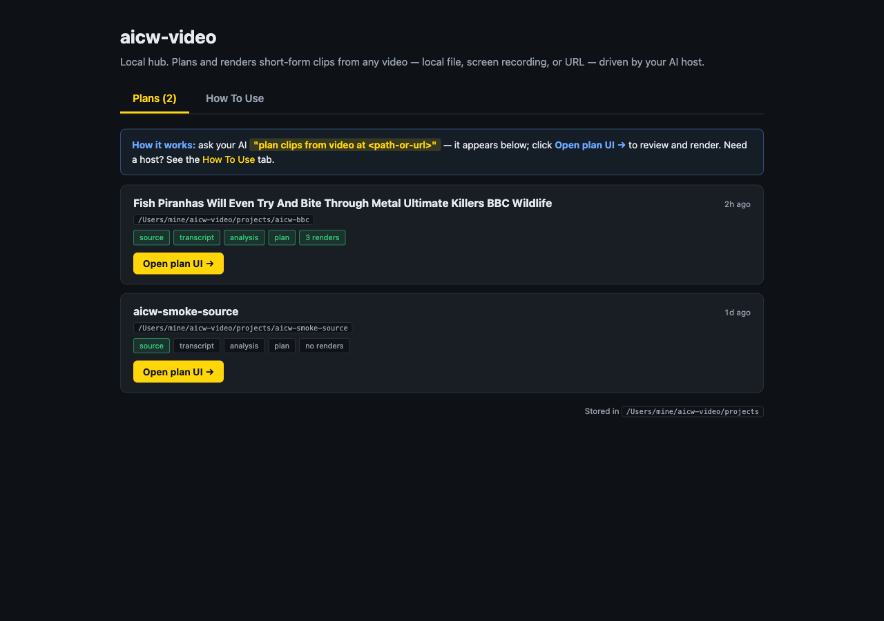 AICW Video local hub listing project plans with status badges and Open plan UI buttons
